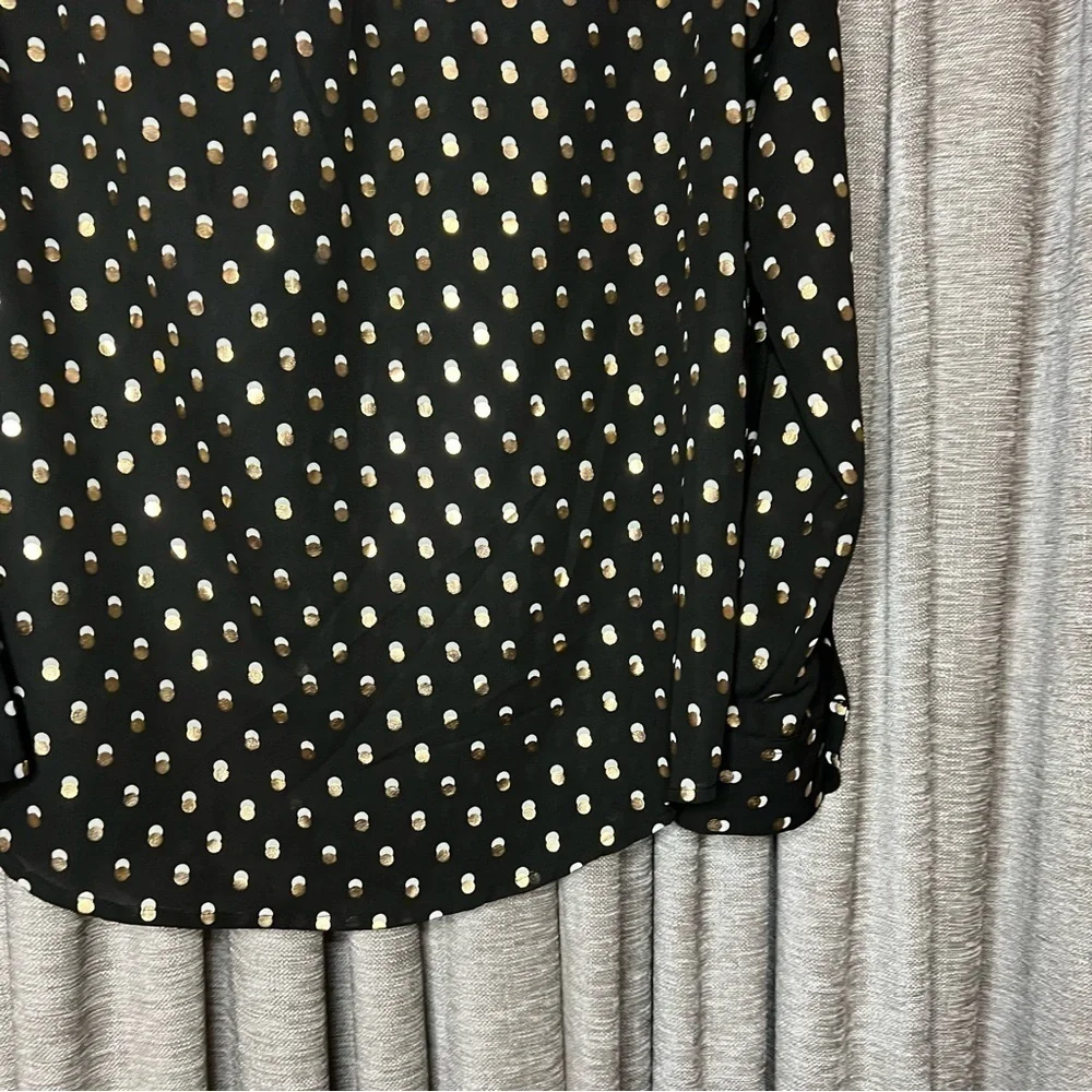 NWT Who What Wear Black Button Down Shirt with Gold & White Polka Dots Medium